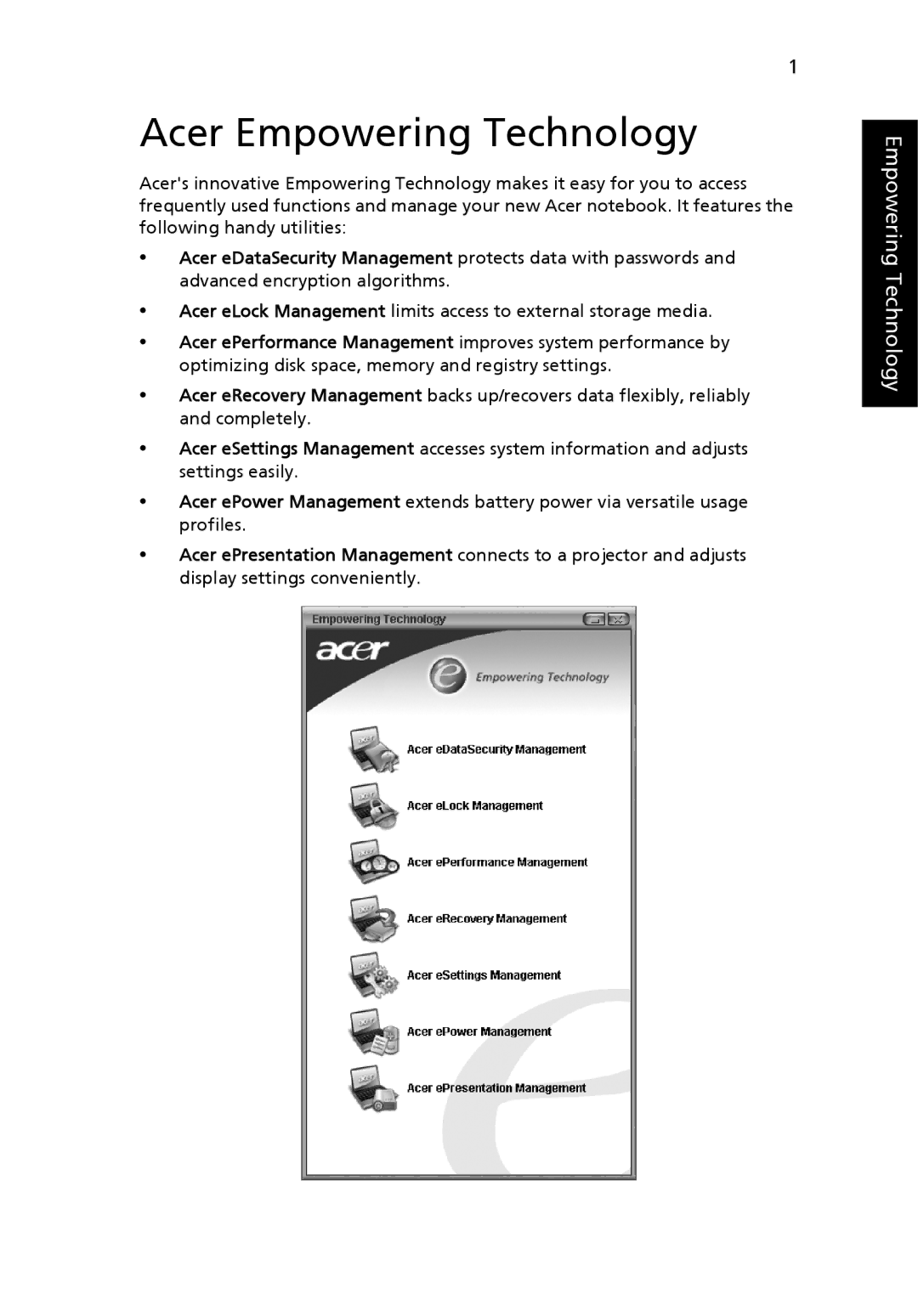 Acer 3620 manual Acer Empowering Technology 