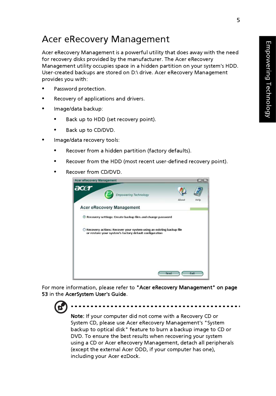 Acer 3620 manual Acer eRecovery Management 