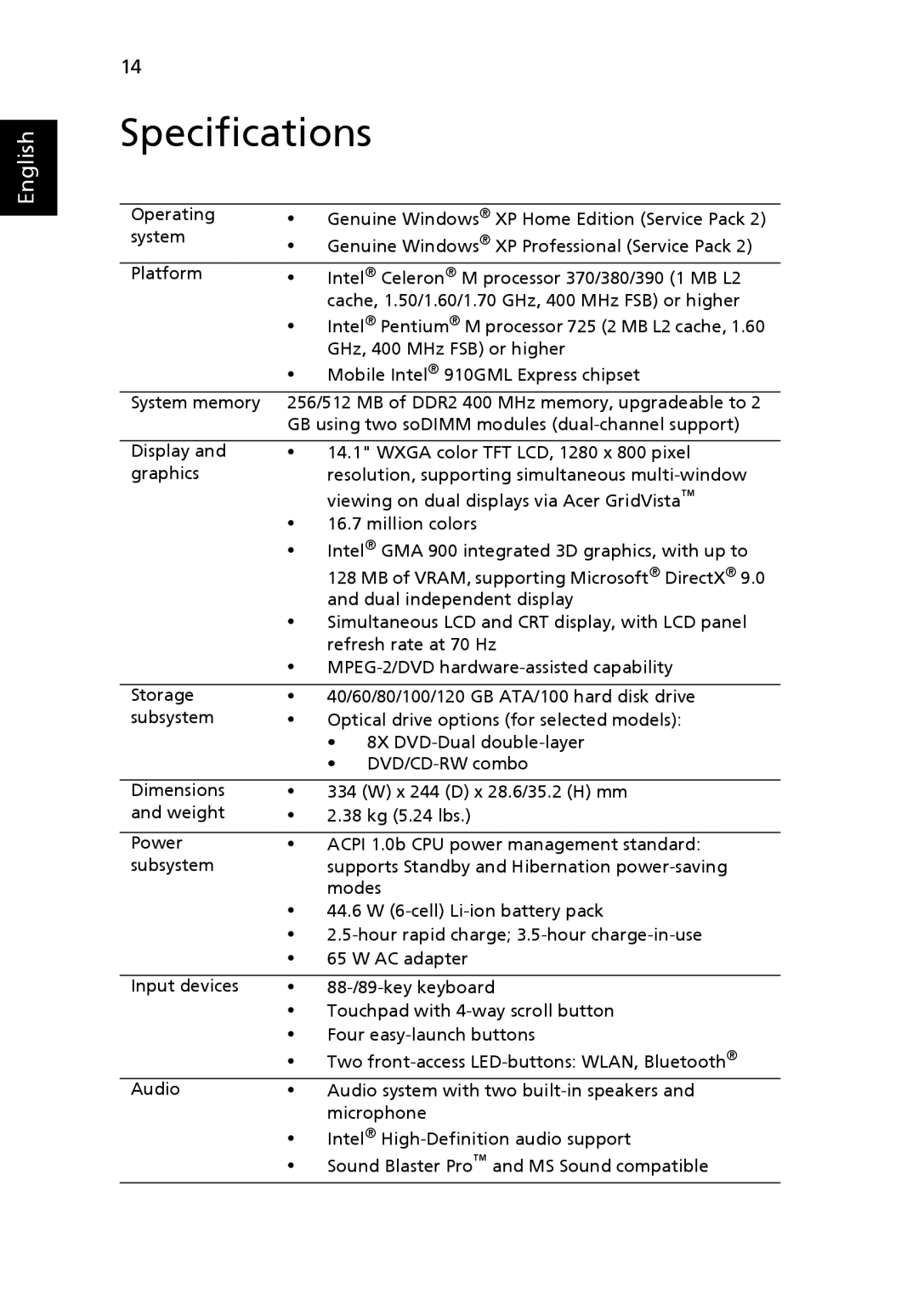 Acer 3620 manual Specifications 