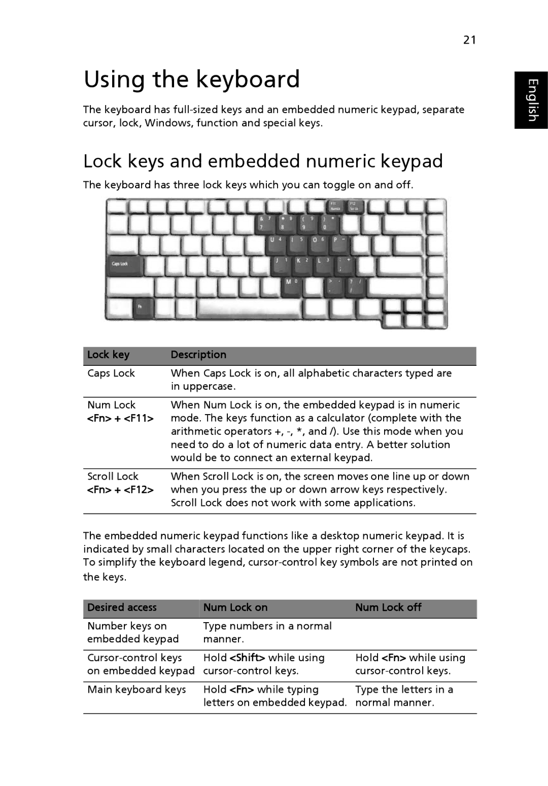 Acer 3620 manual Using the keyboard, Lock keys and embedded numeric keypad 