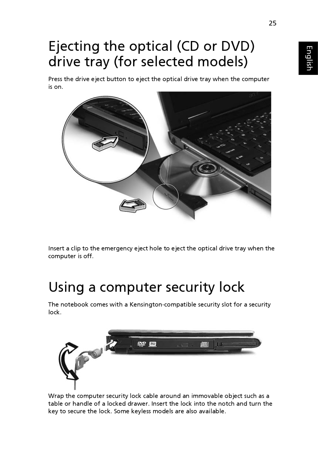 Acer 3620 manual Using a computer security lock 