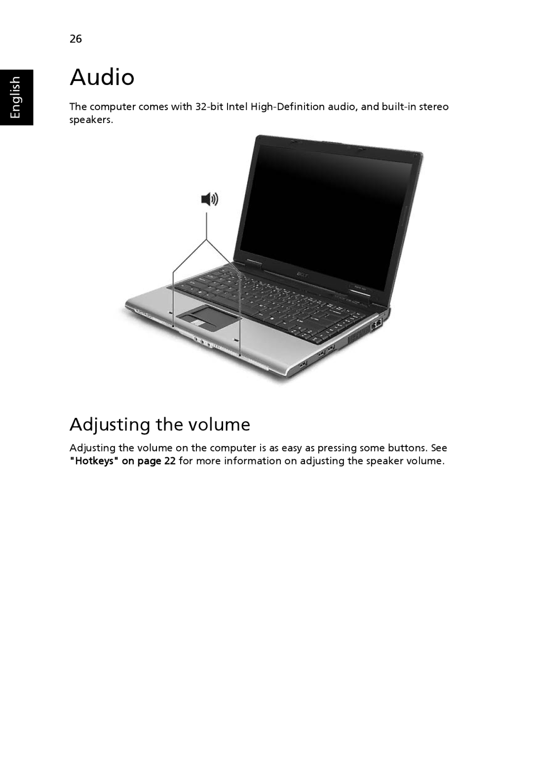 Acer 3620 manual Audio, Adjusting the volume 