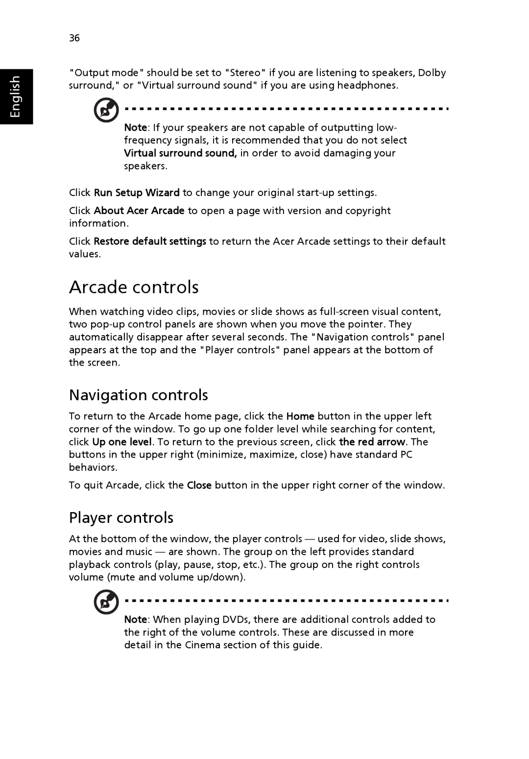 Acer 3620 manual Arcade controls, Navigation controls, Player controls 