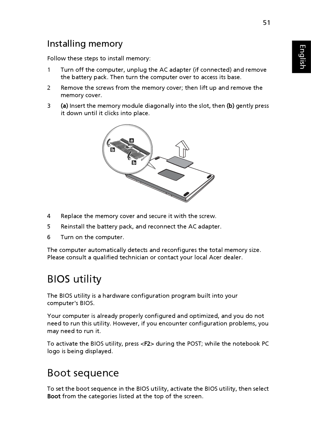 Acer 3620 manual Bios utility, Boot sequence, Installing memory 