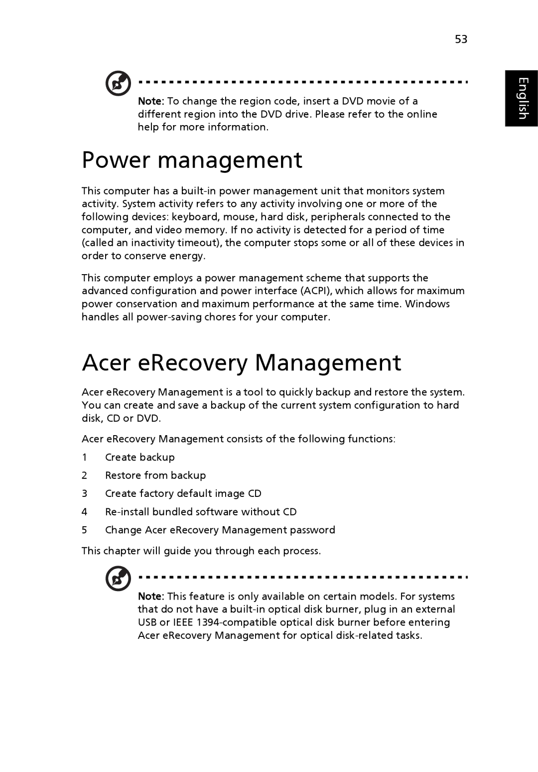 Acer 3620 manual Power management, Acer eRecovery Management 