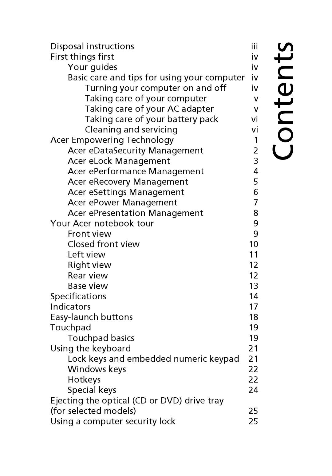 Acer 3620 manual Contents 