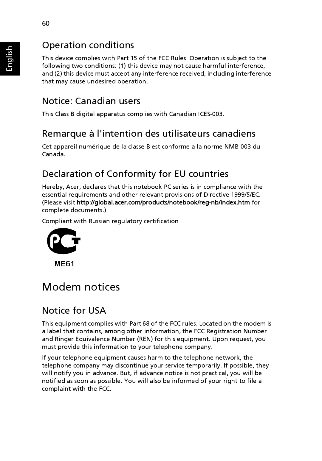 Acer 3620 manual Modem notices, Operation conditions, Remarque à lintention des utilisateurs canadiens 