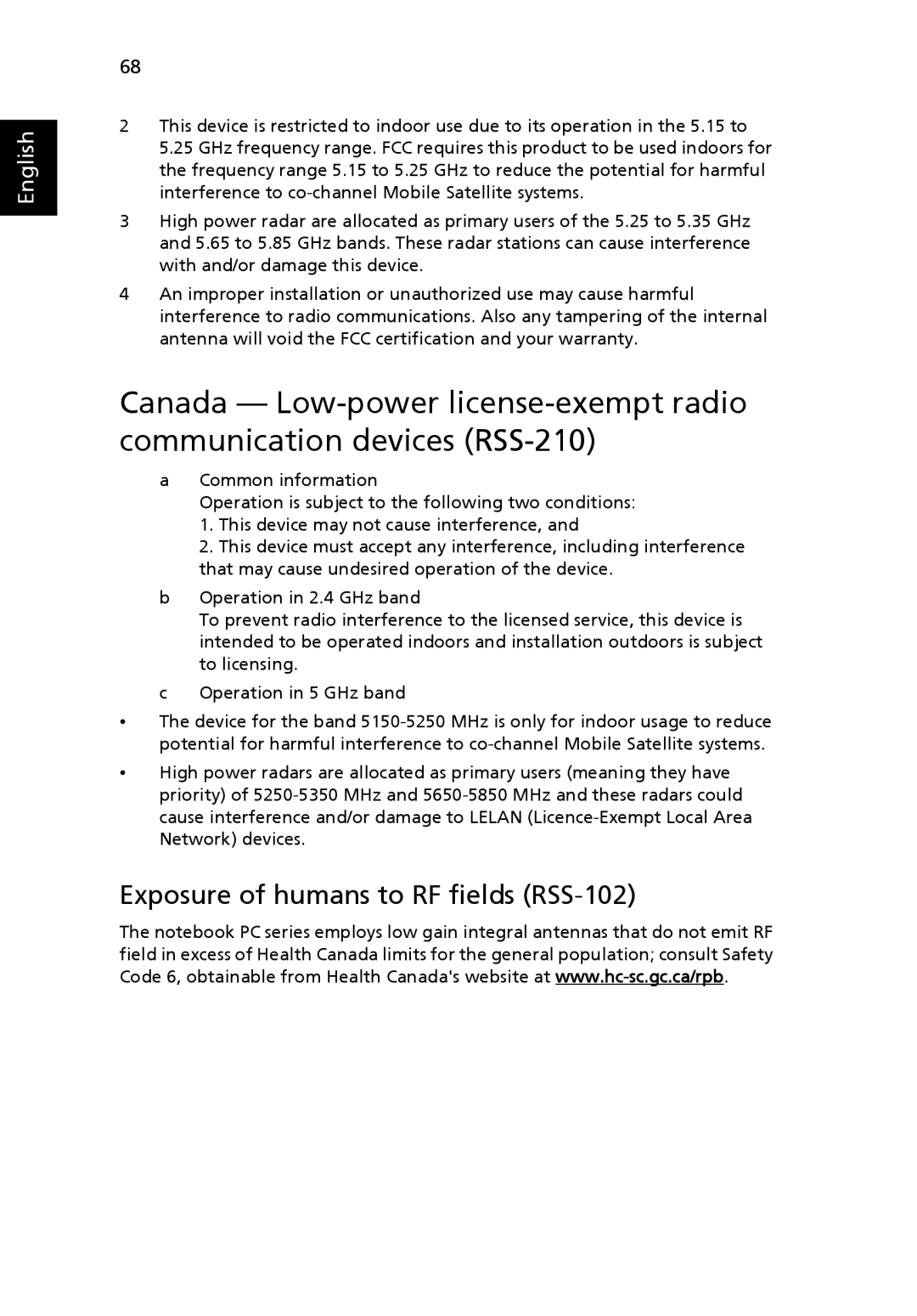 Acer 3620 manual Exposure of humans to RF fields RSS-102 