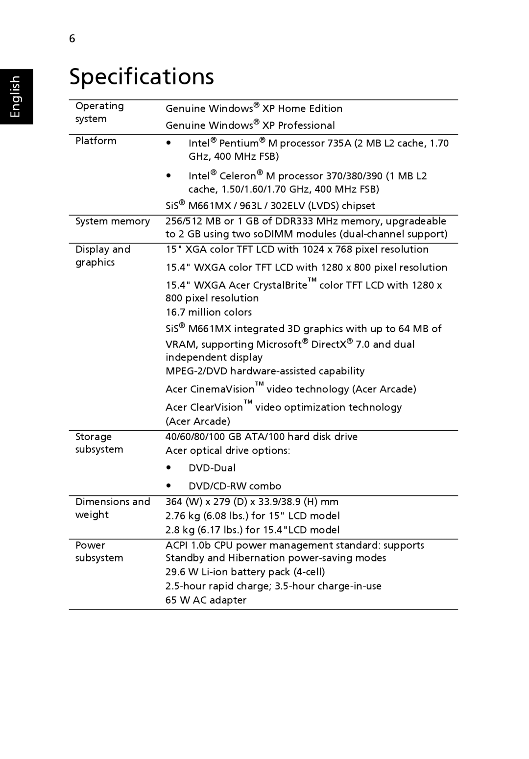 Acer 3630 manual Specifications 