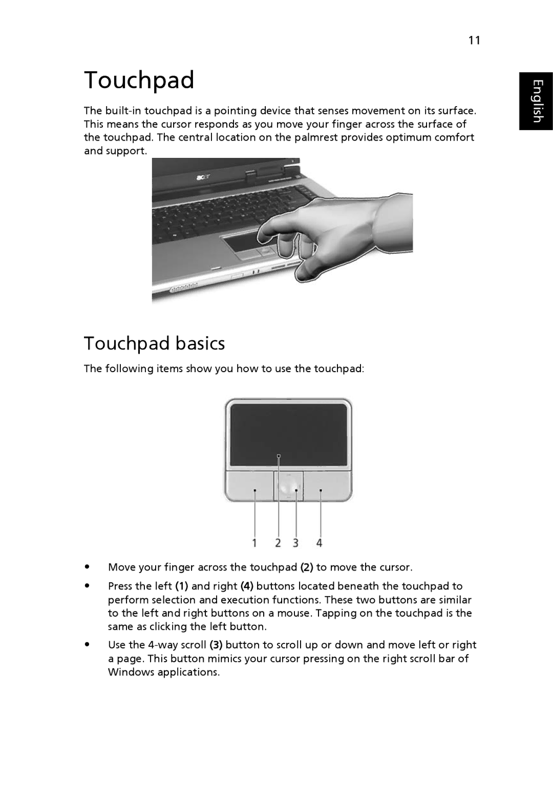 Acer 3630 manual Touchpad basics 