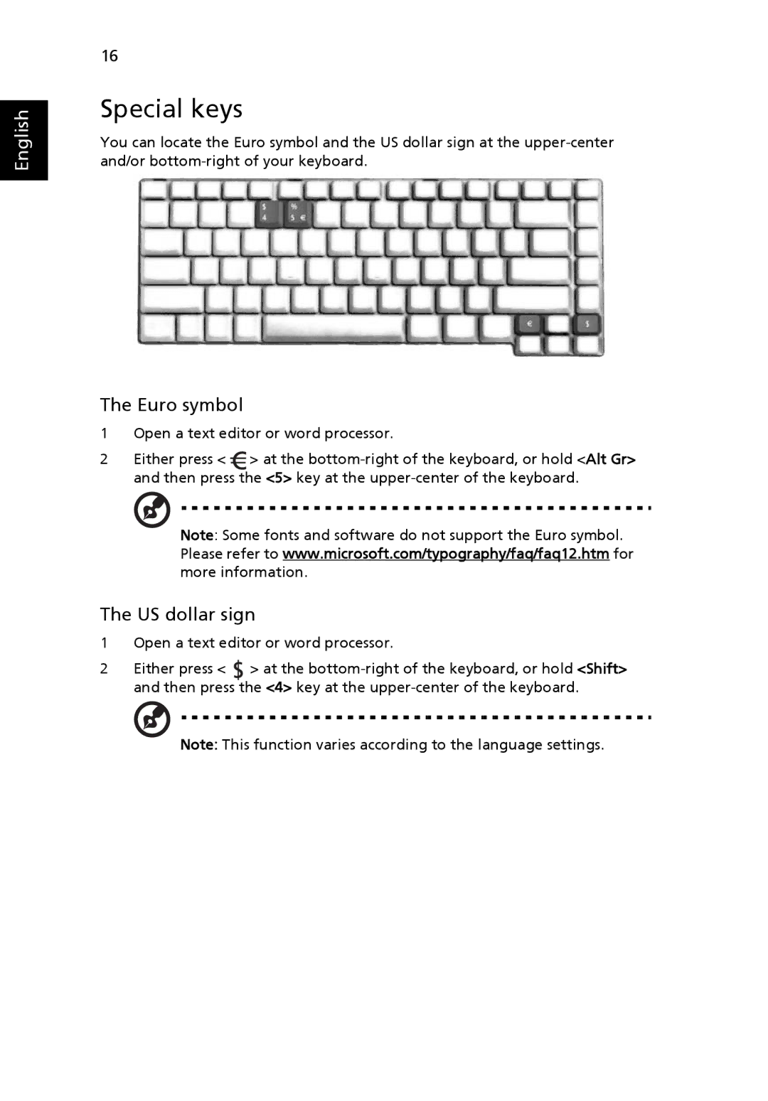 Acer 3630 manual Special keys, Euro symbol, US dollar sign 