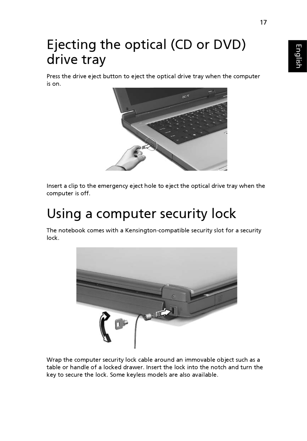 Acer 3630 manual Ejecting the optical CD or DVD drive tray, Using a computer security lock 