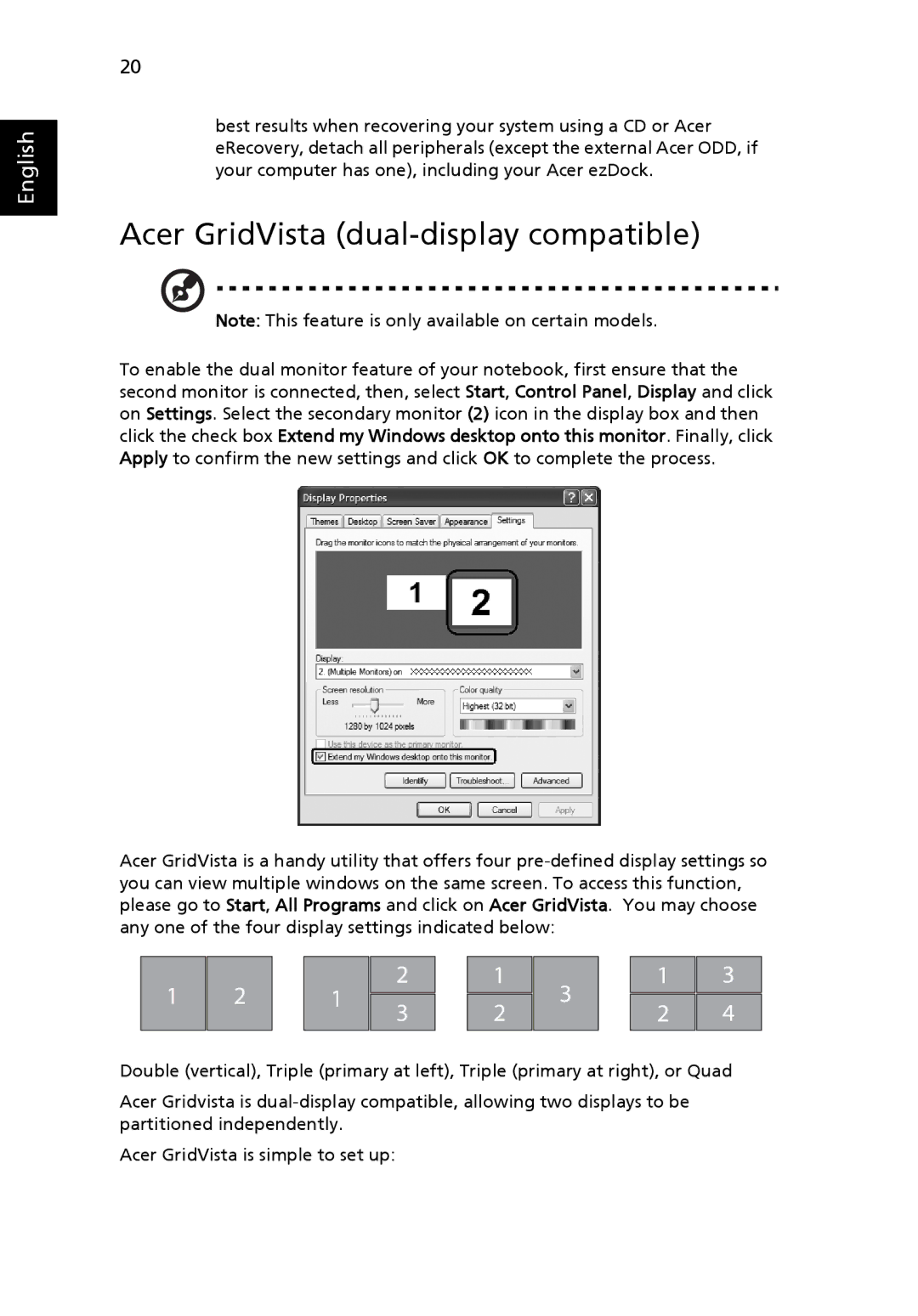 Acer 3630 manual Acer GridVista dual-display compatible 