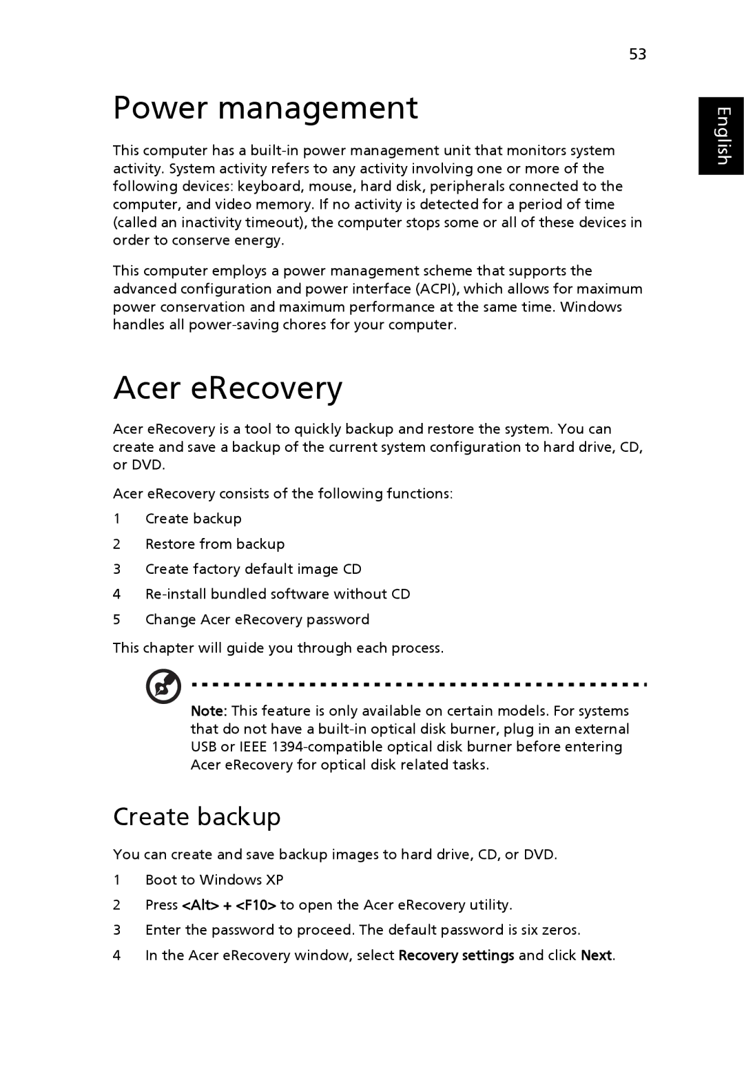 Acer 3630 manual Power management, Acer eRecovery, Create backup 