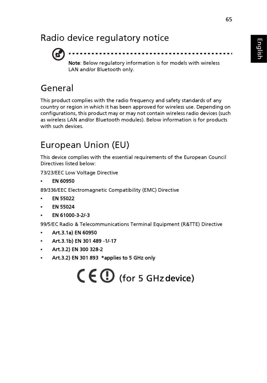 Acer 3630 manual Radio device regulatory notice General, European Union EU, EN 61000-3-2/-3 