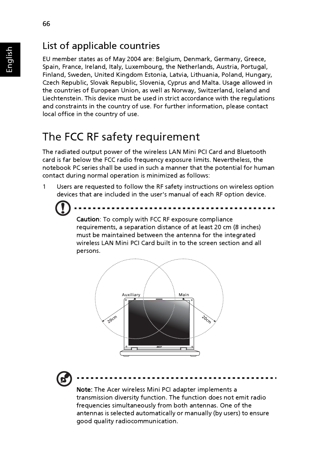 Acer 3630 manual FCC RF safety requirement, List of applicable countries 