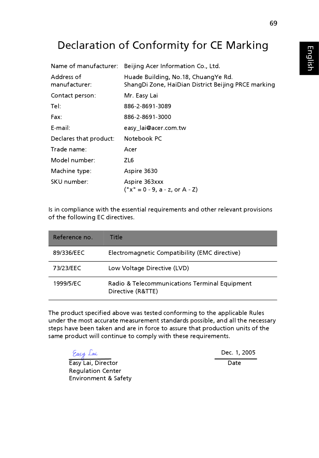 Acer 3630 manual Declaration of Conformity for CE Marking 