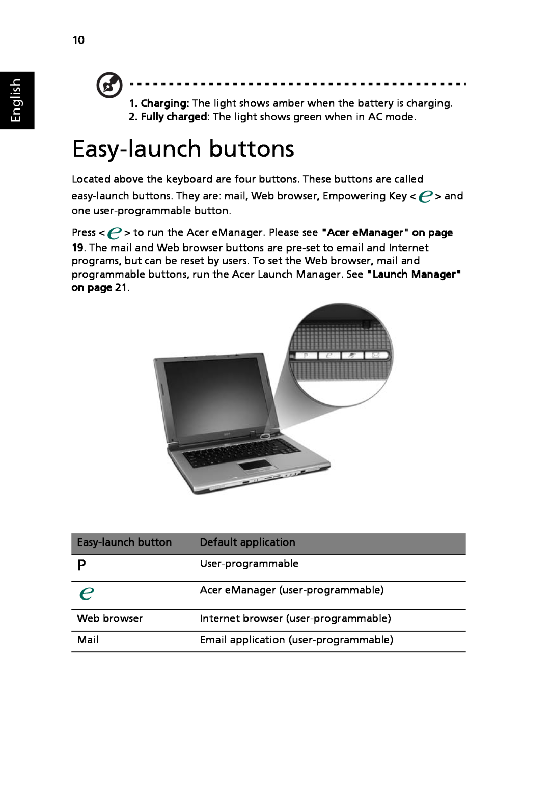 Acer 3630 manual Easy-launch buttons, English 