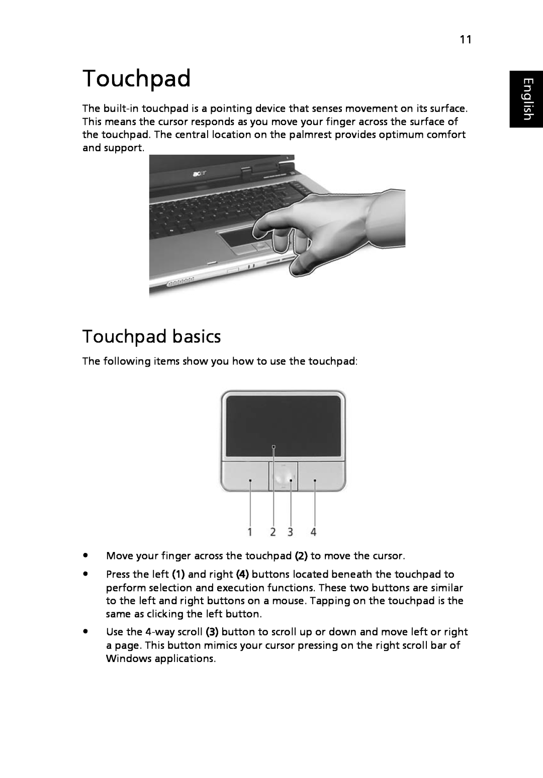 Acer 3630 manual Touchpad basics, English 