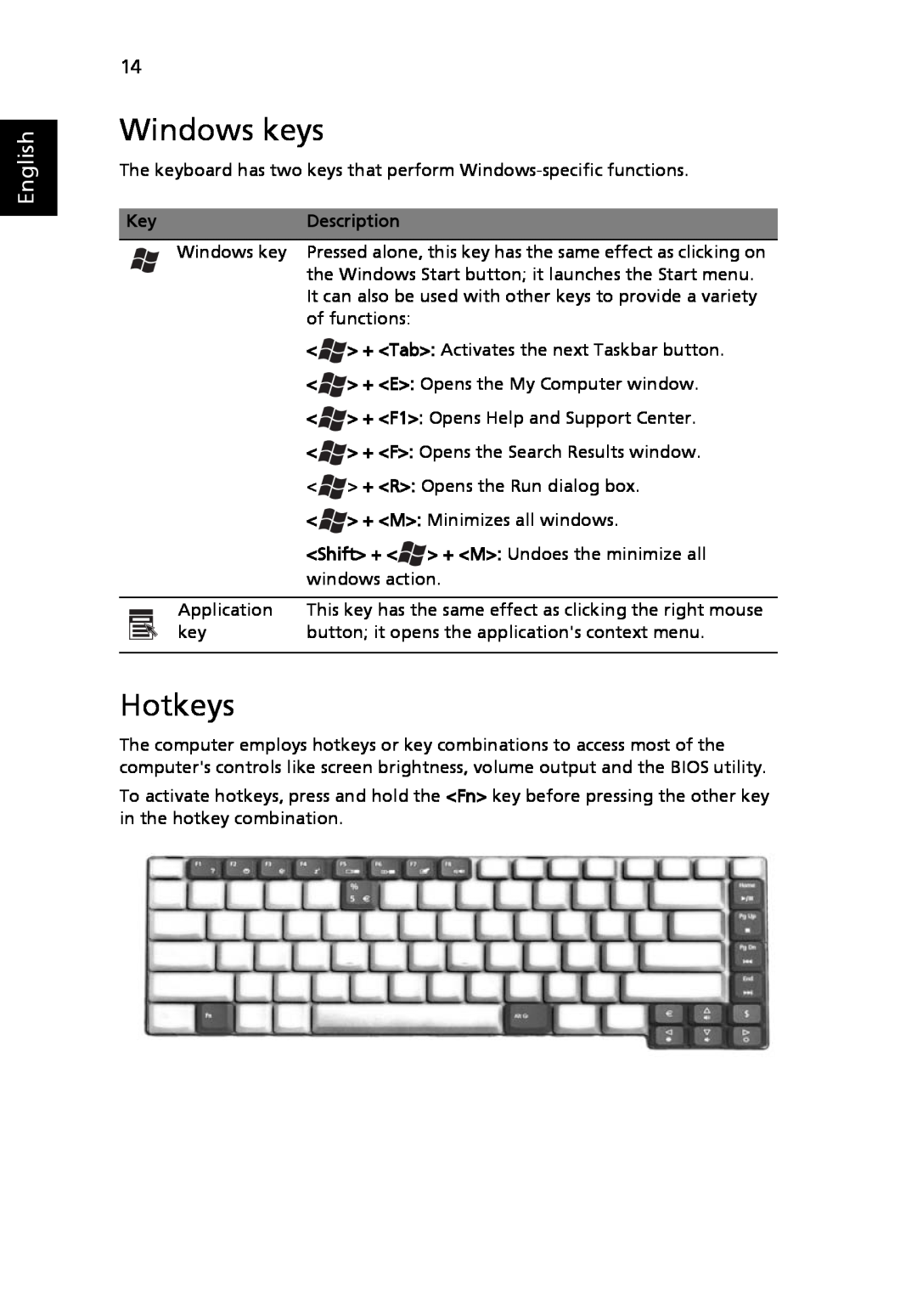 Acer 3630 manual Windows keys, Hotkeys, English 