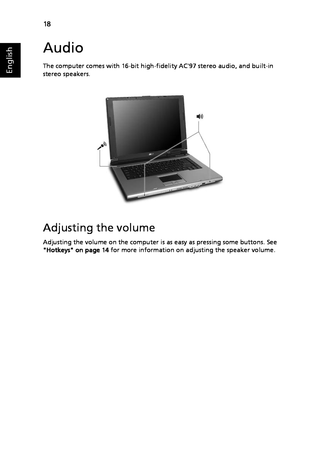 Acer 3630 manual Audio, Adjusting the volume, English 