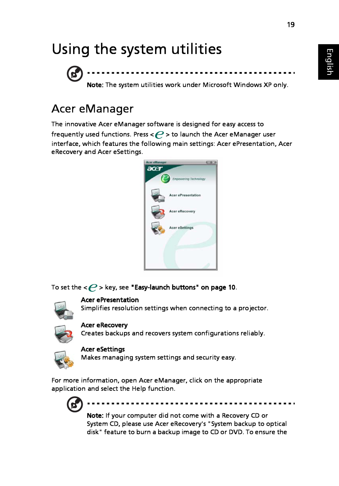 Acer 3630 manual Using the system utilities, Acer eManager, English 
