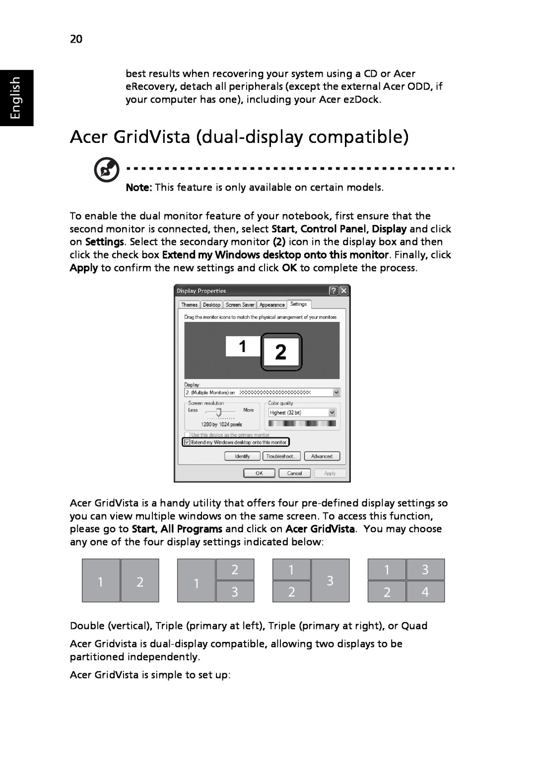 Acer 3630 manual Acer GridVista dual-display compatible, English 