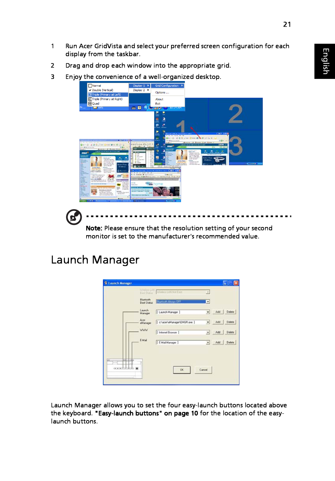 Acer 3630 manual Launch Manager, English 