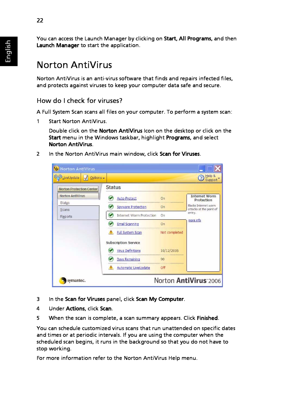 Acer 3630 manual Norton AntiVirus, How do I check for viruses?, English 