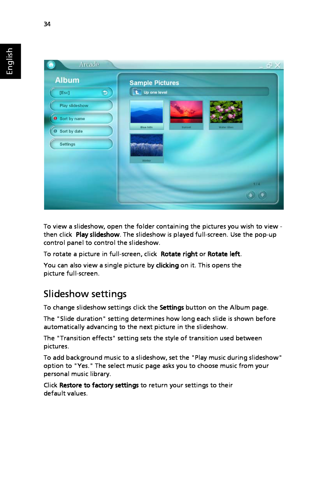 Acer 3630 manual Slideshow settings, English 