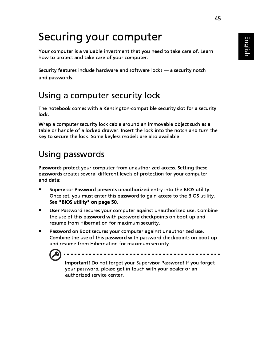 Acer 3630 manual Securing your computer, Using a computer security lock, Using passwords, English 