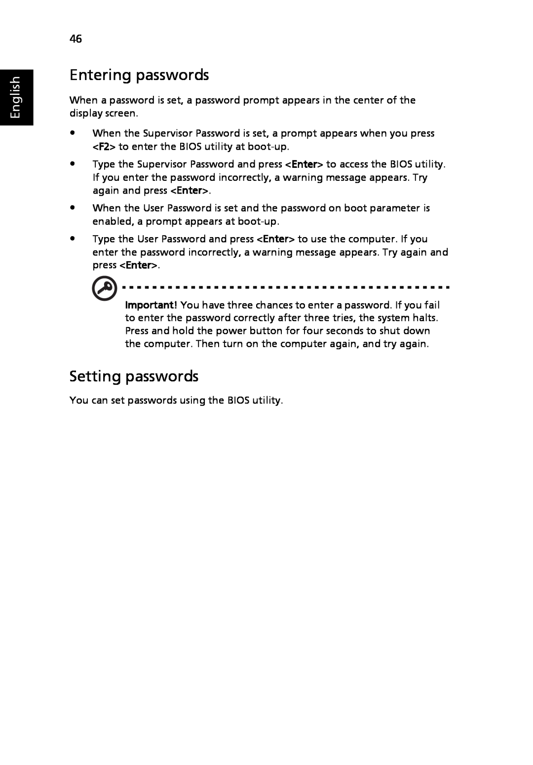 Acer 3630 manual Entering passwords, Setting passwords, English 