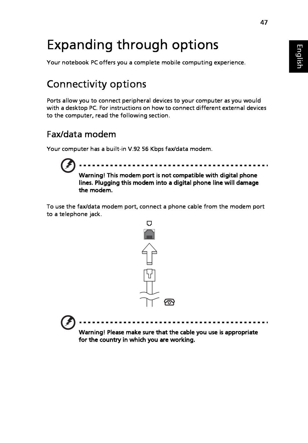 Acer 3630 manual Expanding through options, Connectivity options, Fax/data modem, English 
