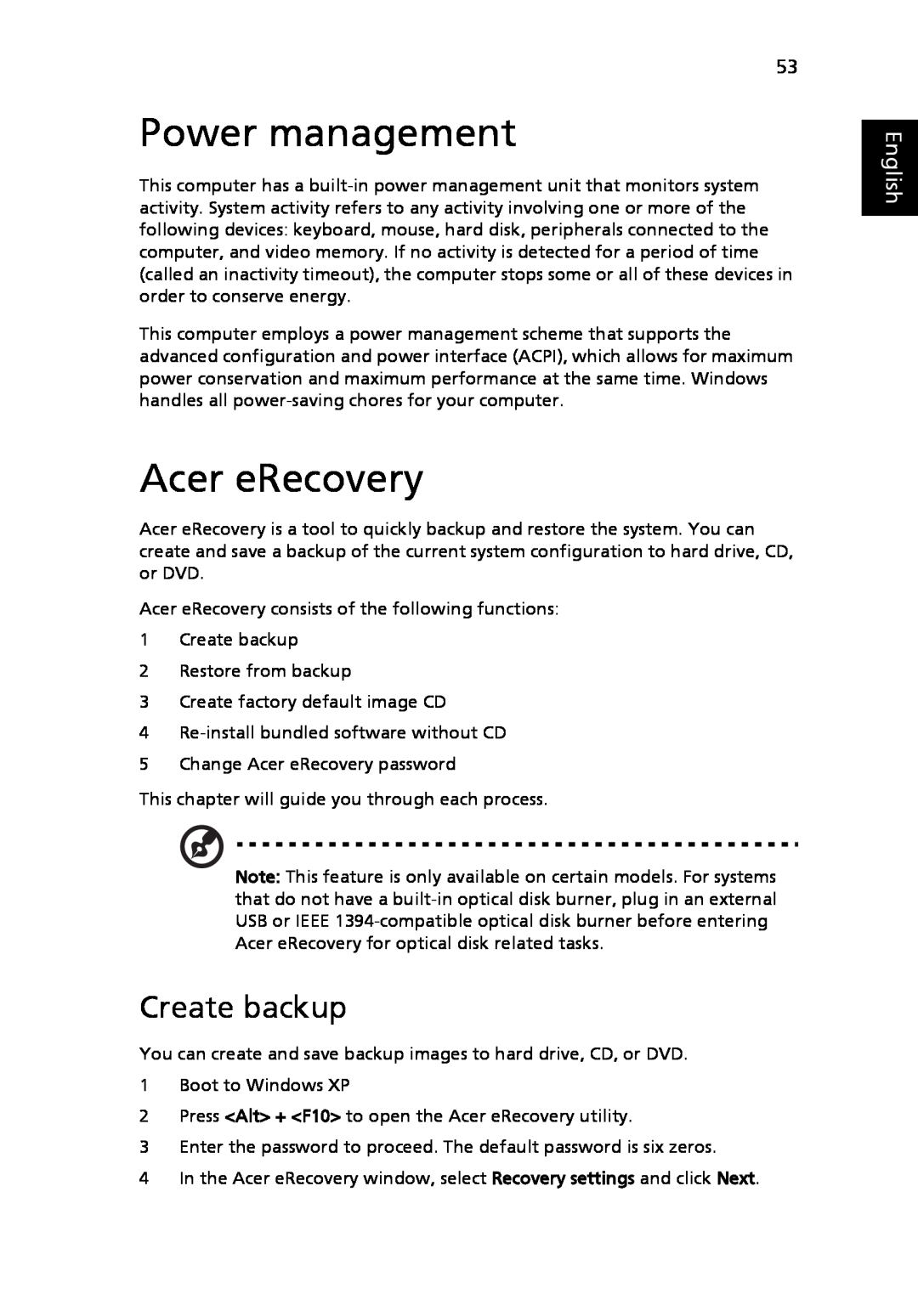 Acer 3630 manual Power management, Acer eRecovery, Create backup, English 