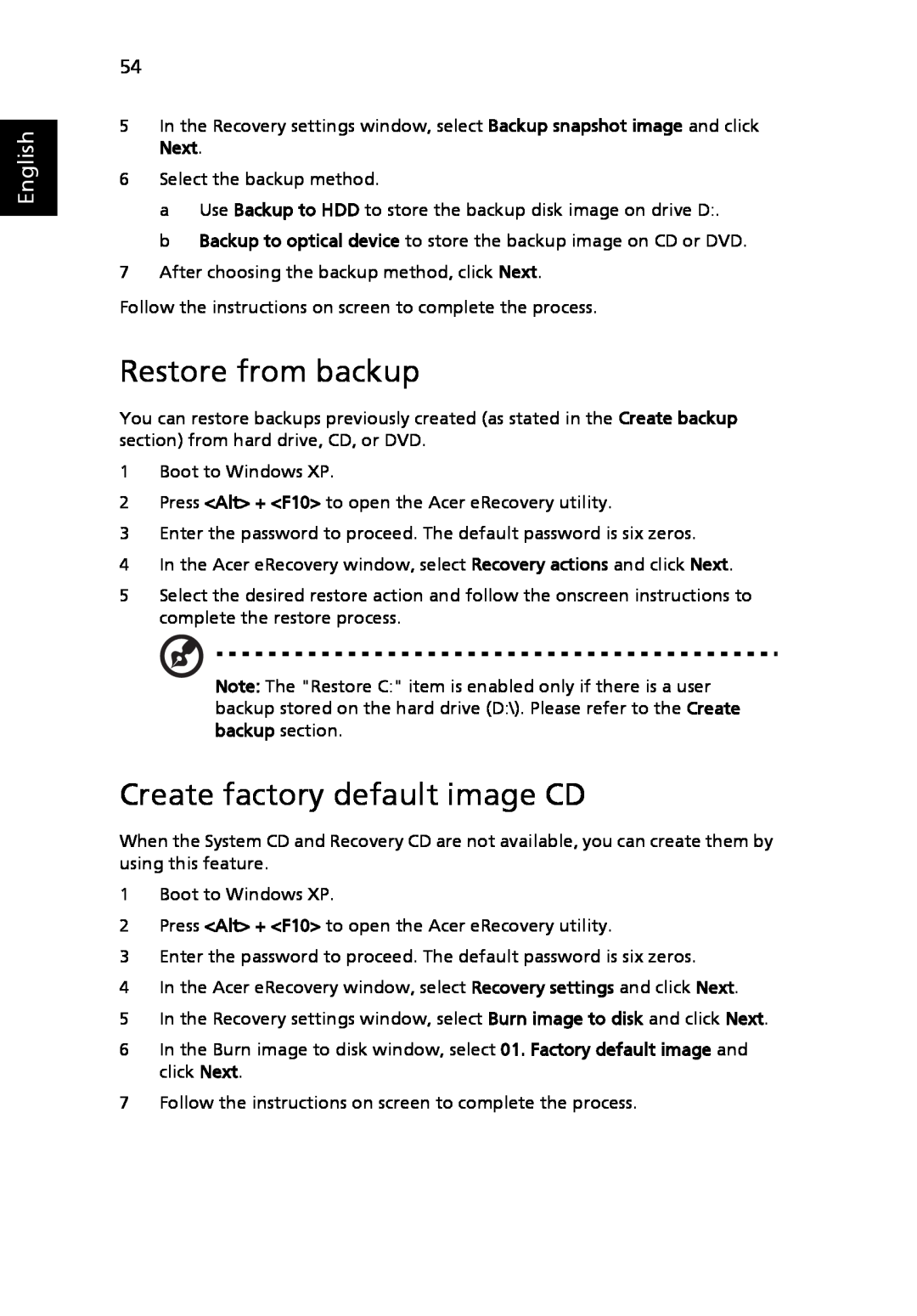 Acer 3630 manual Restore from backup, Create factory default image CD, English 