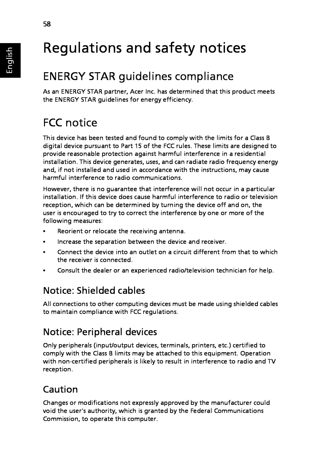 Acer 3630 Regulations and safety notices, ENERGY STAR guidelines compliance, FCC notice, Notice Shielded cables, English 