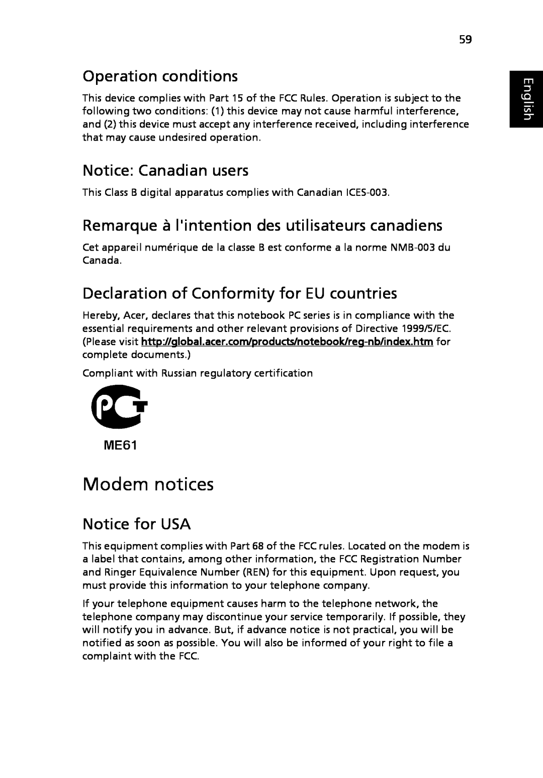 Acer 3630 Modem notices, Operation conditions, Notice Canadian users, Remarque à lintention des utilisateurs canadiens 