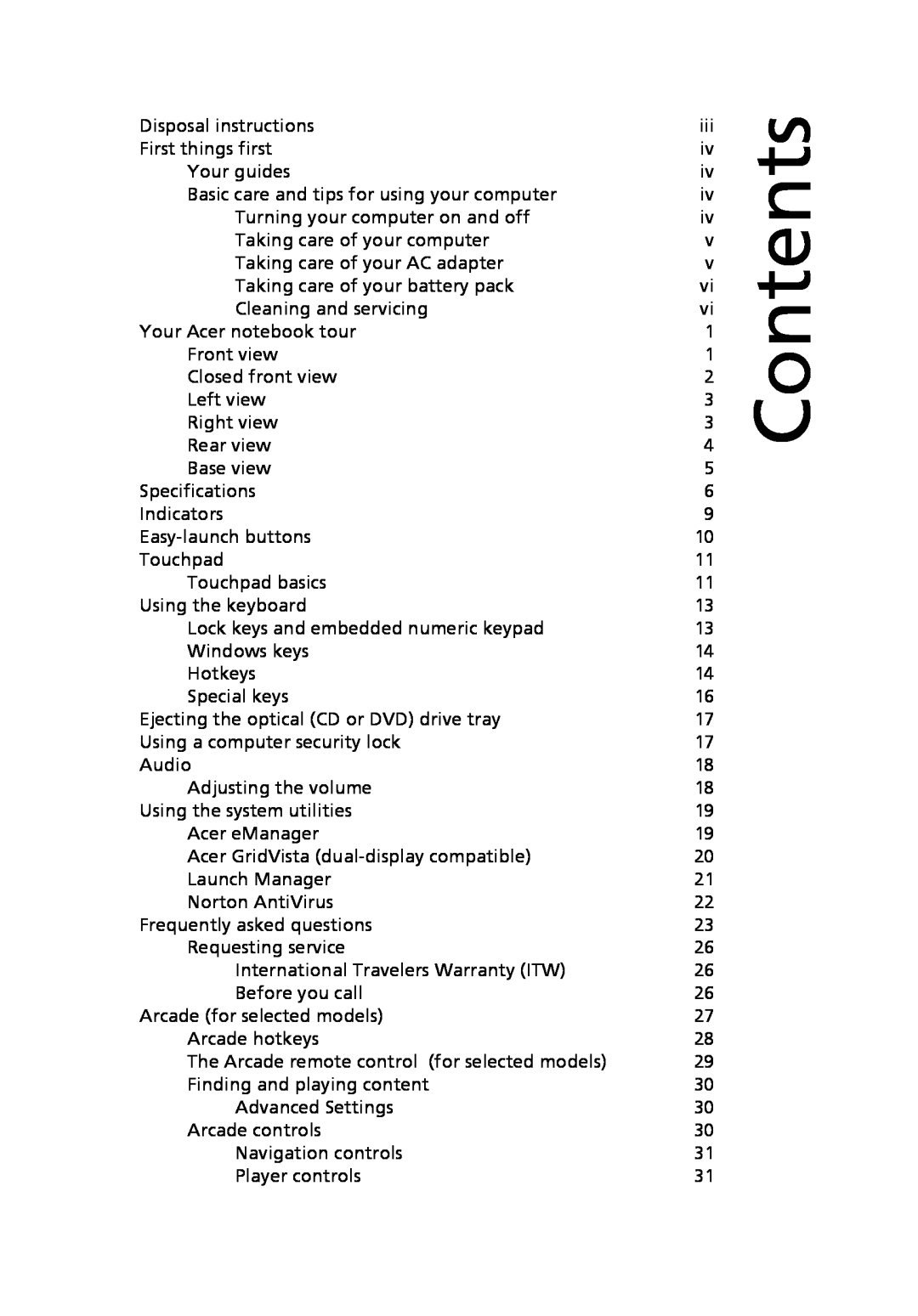 Acer 3630 manual Contents 