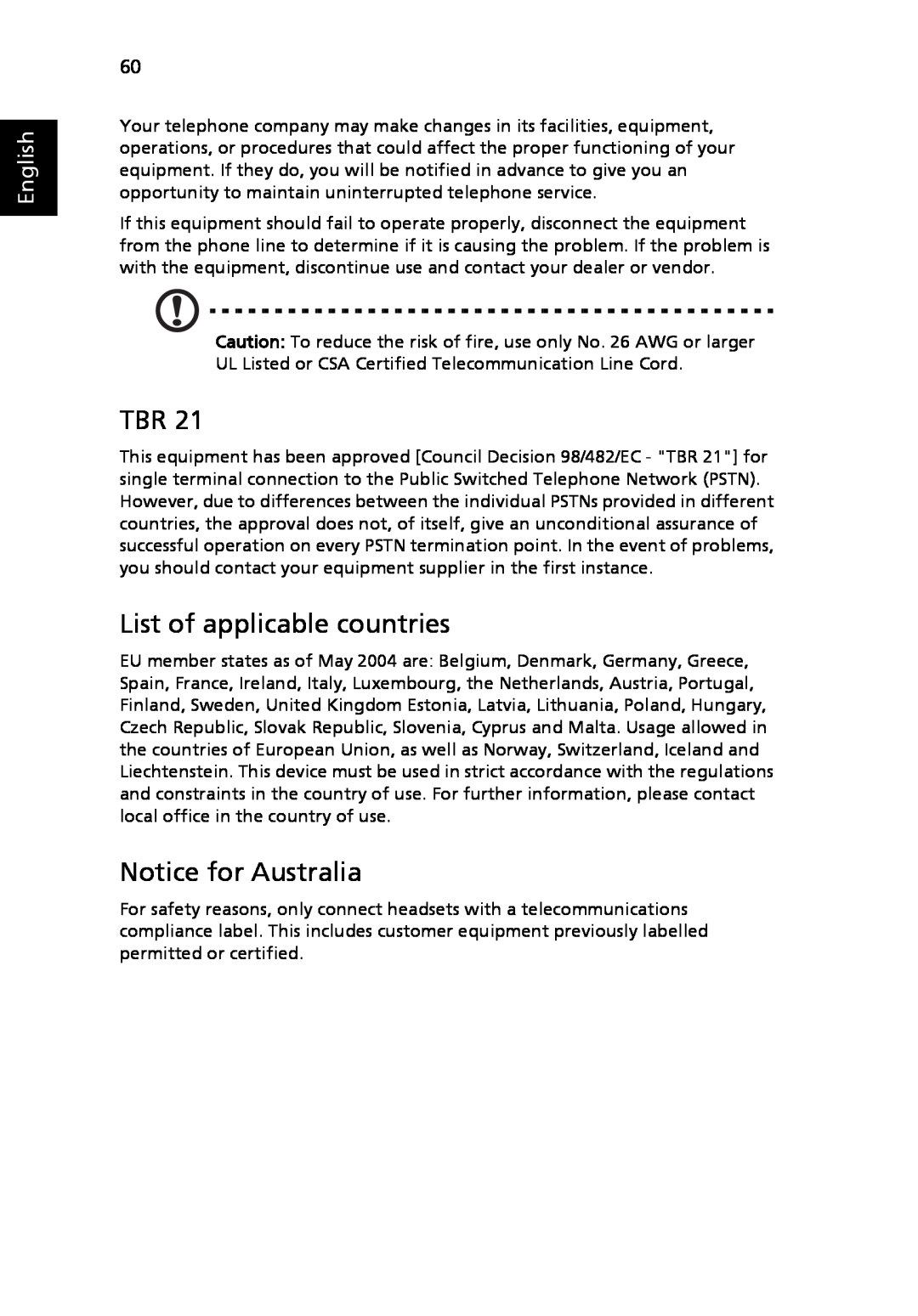 Acer 3630 manual List of applicable countries, Notice for Australia, English 
