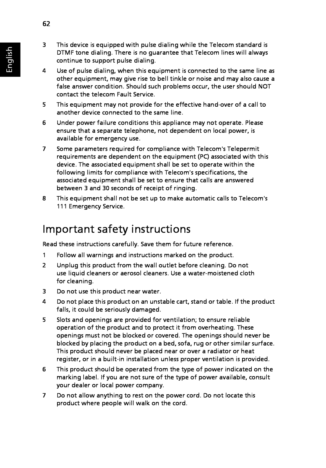 Acer 3630 manual Important safety instructions, English 
