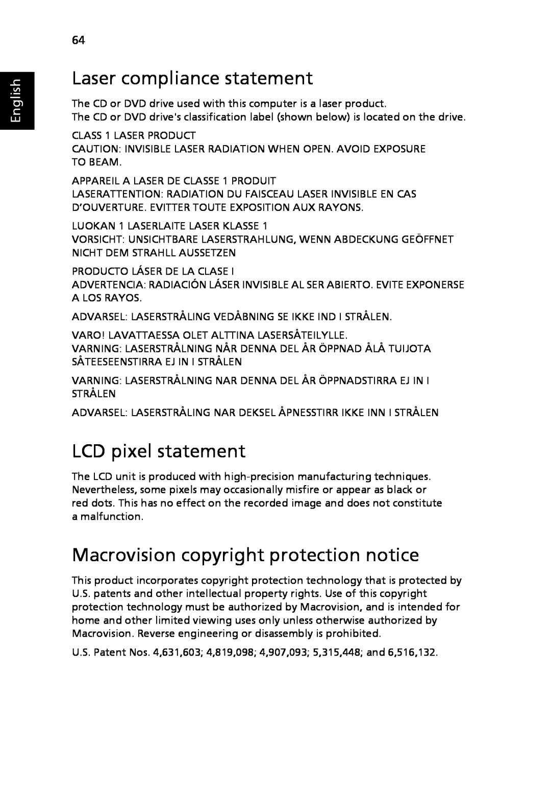 Acer 3630 manual Laser compliance statement, LCD pixel statement, Macrovision copyright protection notice, English 