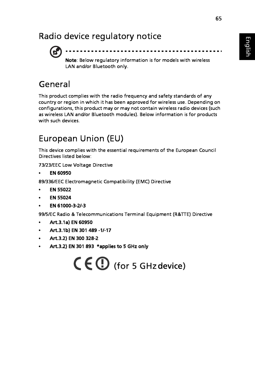 Acer 3630 manual Radio device regulatory notice, General, European Union EU, English, EN EN EN 61000-3-2/-3 