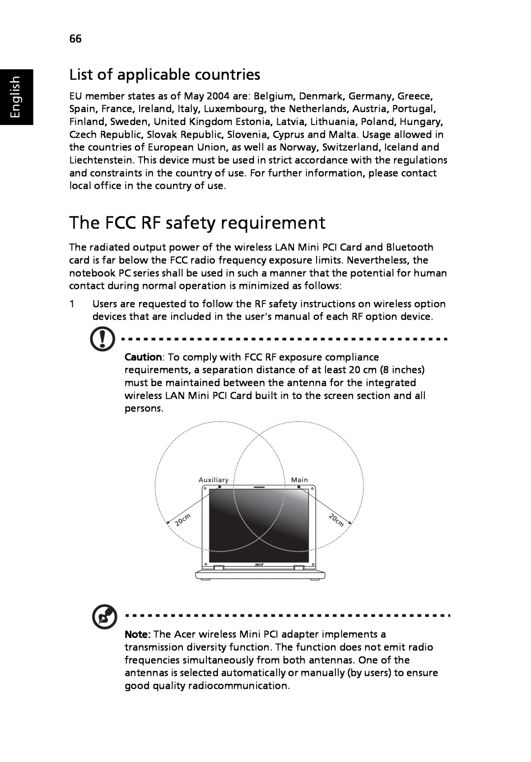 Acer 3630 manual The FCC RF safety requirement, List of applicable countries, English 