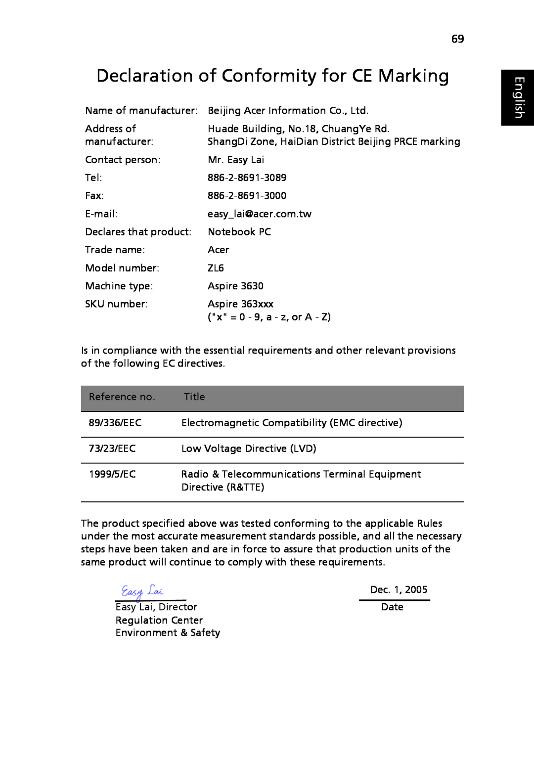 Acer 3630 manual Declaration of Conformity for CE Marking, English 