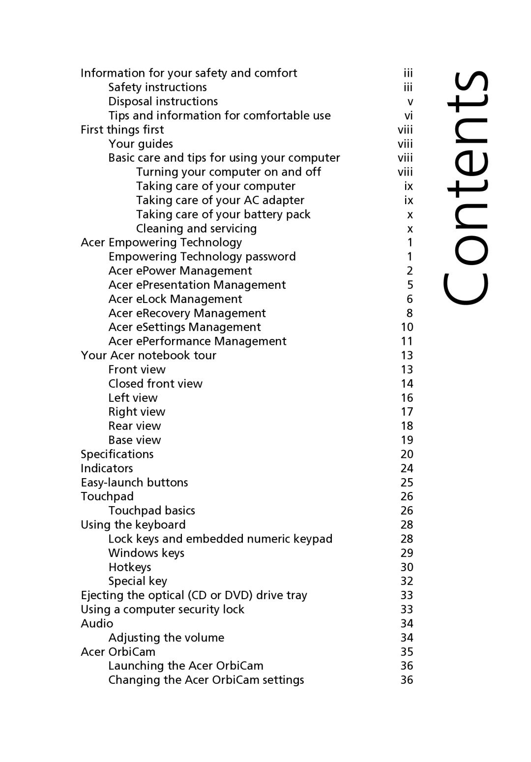 Acer MS2180, 3640 manual Contents 