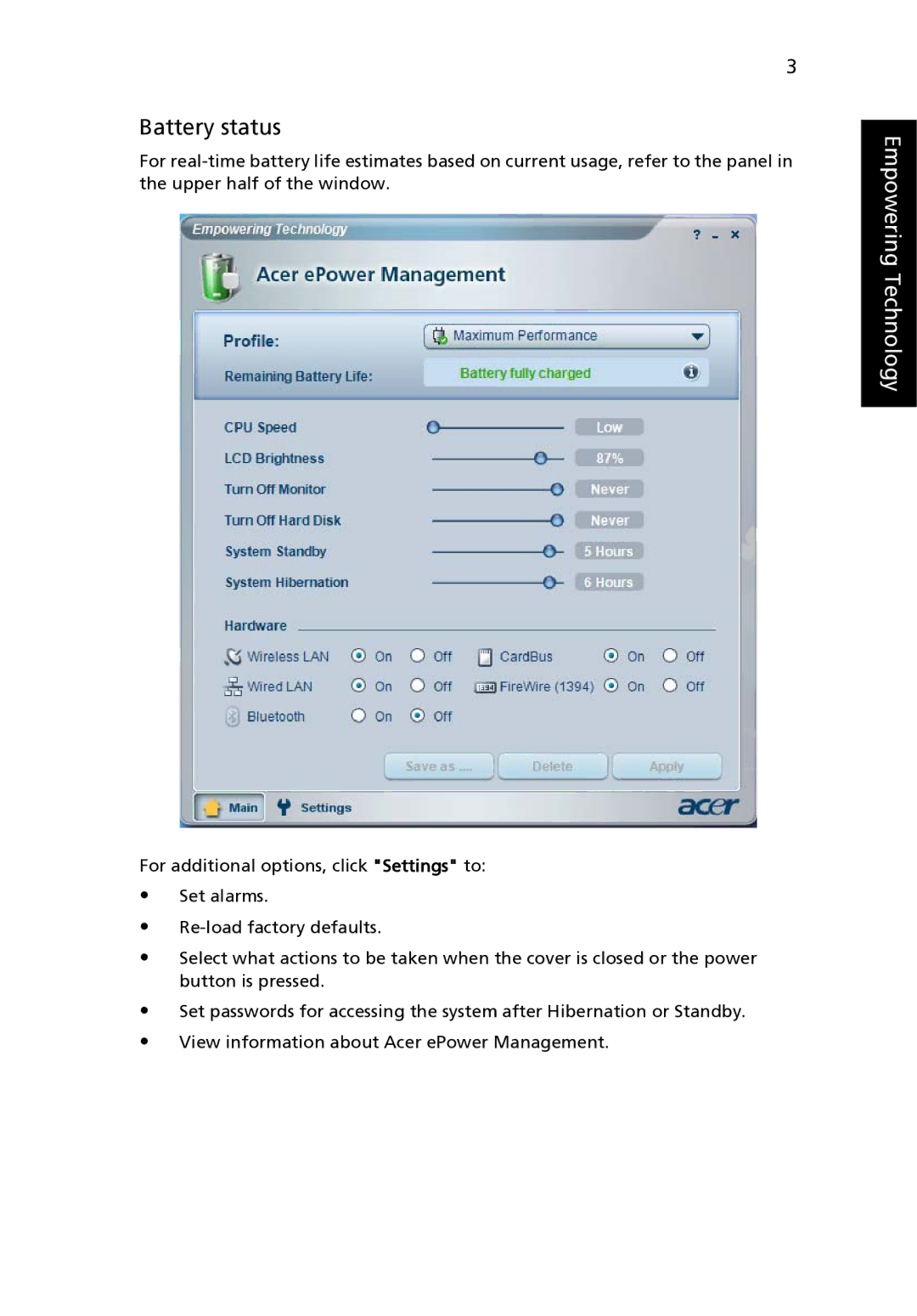 Acer MS2180, 3640 manual Battery status 