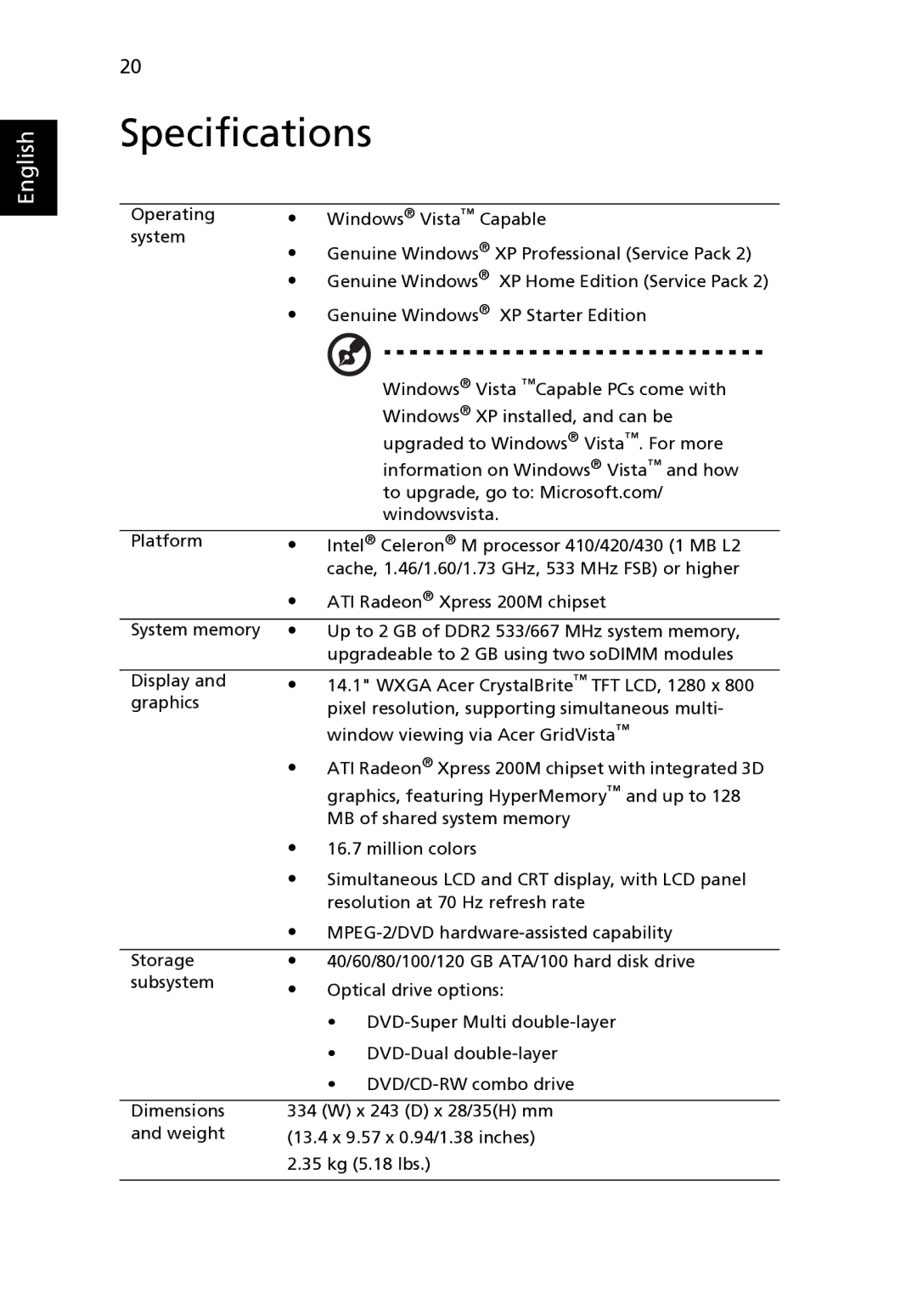 Acer 3640, MS2180 manual Specifications 