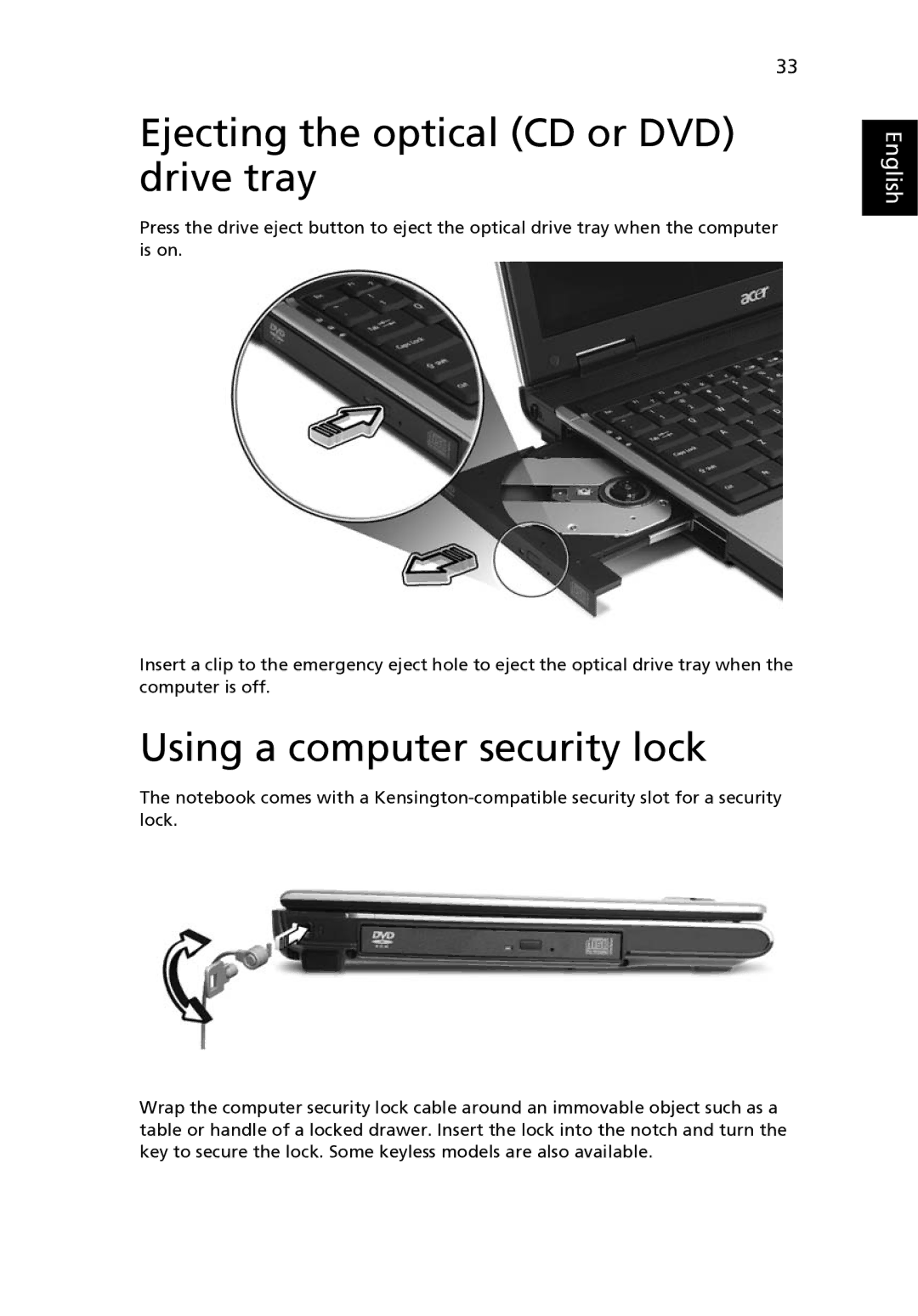 Acer MS2180, 3640 manual Ejecting the optical CD or DVD drive tray, Using a computer security lock 