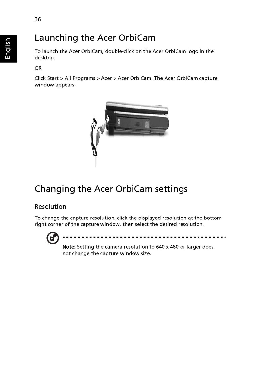 Acer 3640, MS2180 manual Launching the Acer OrbiCam, Changing the Acer OrbiCam settings, Resolution 