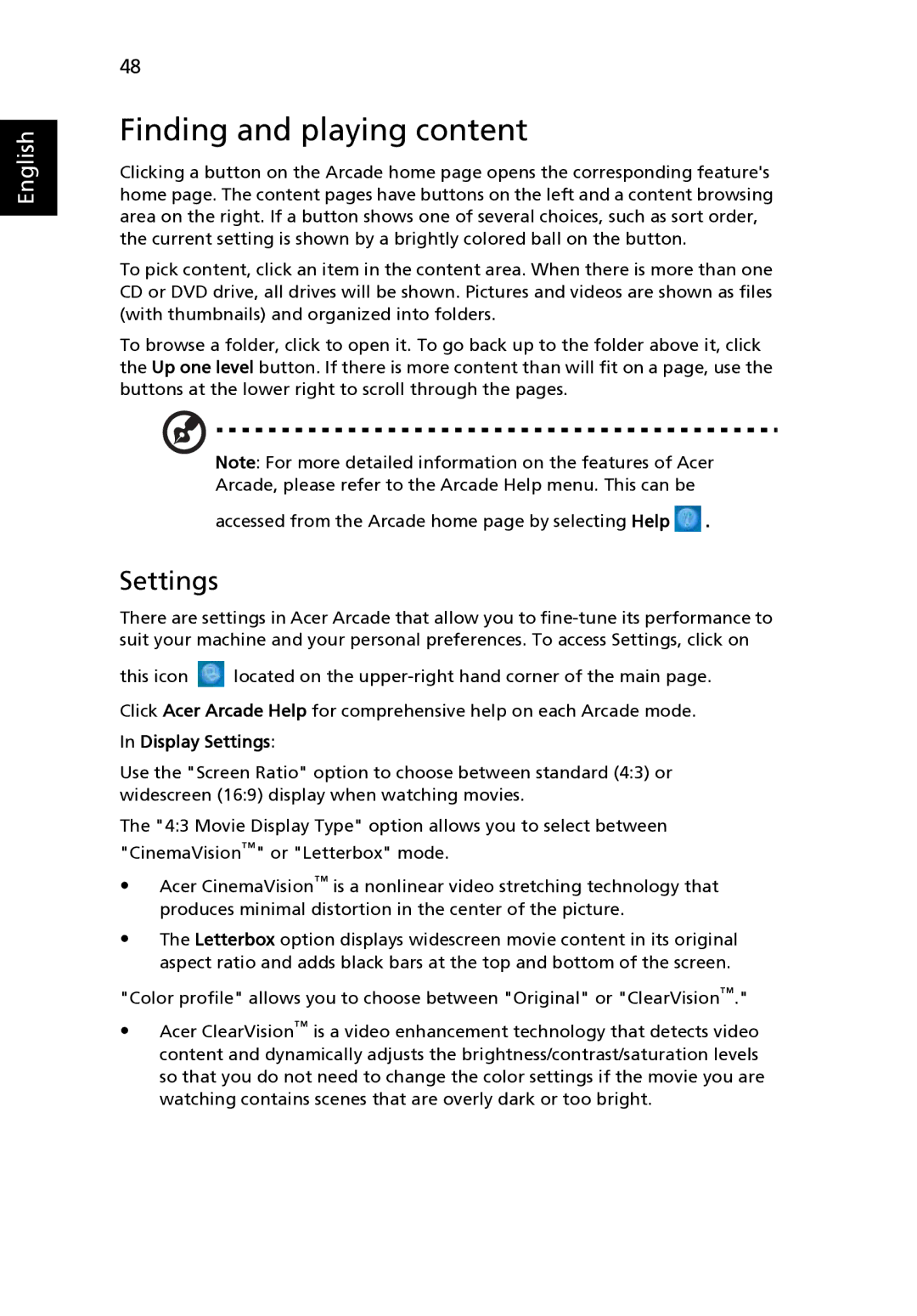 Acer 3640, MS2180 manual Finding and playing content, Display Settings 